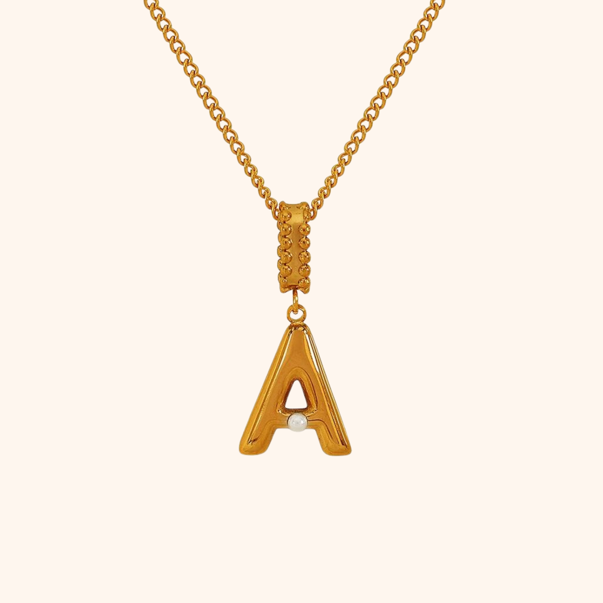 Gold letter A initial necklace with single pearl accent